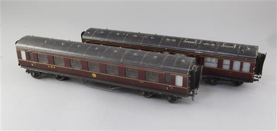 An Exley LMS centre aisle dining coach, no.4554, in crimson and an Exley LMS centre aisle restaurant car,